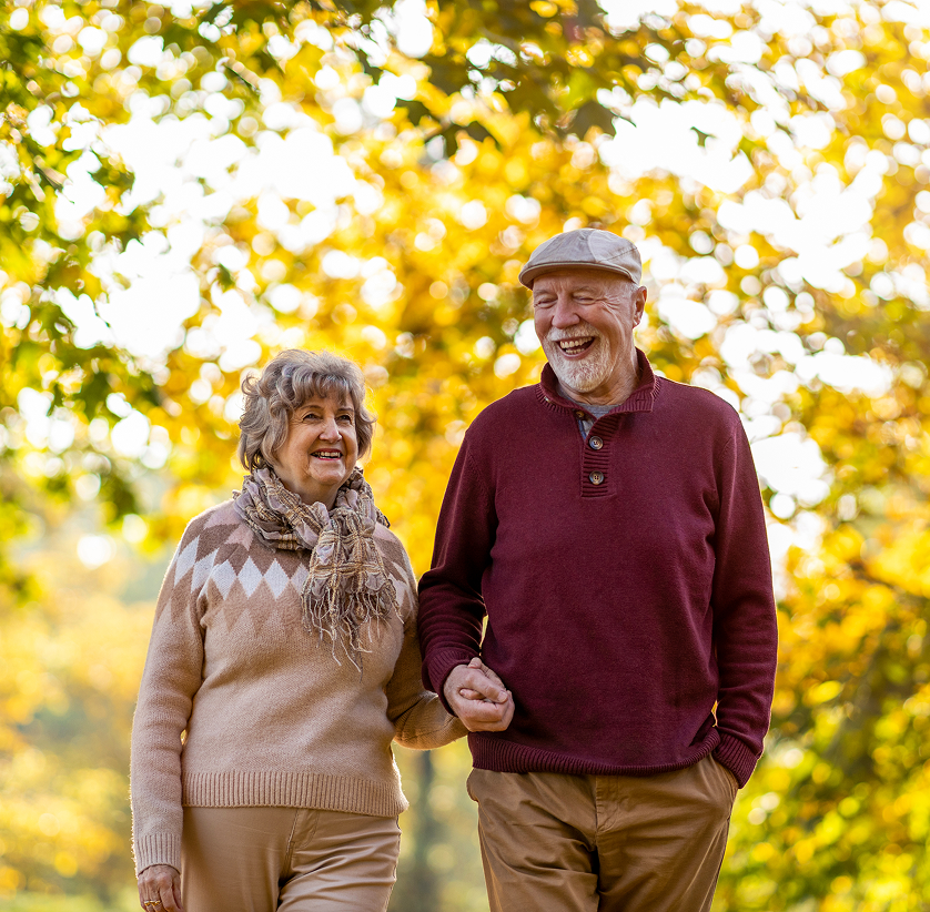 Elderly couple walking hand-in-hand in autumn park.
